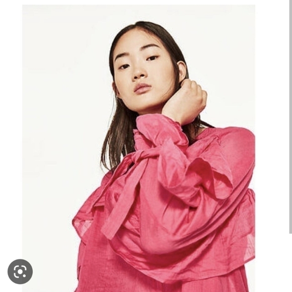 ZARA barbie pink ruffle cotton top shirt size Medium B1 - Picture 9 of 10